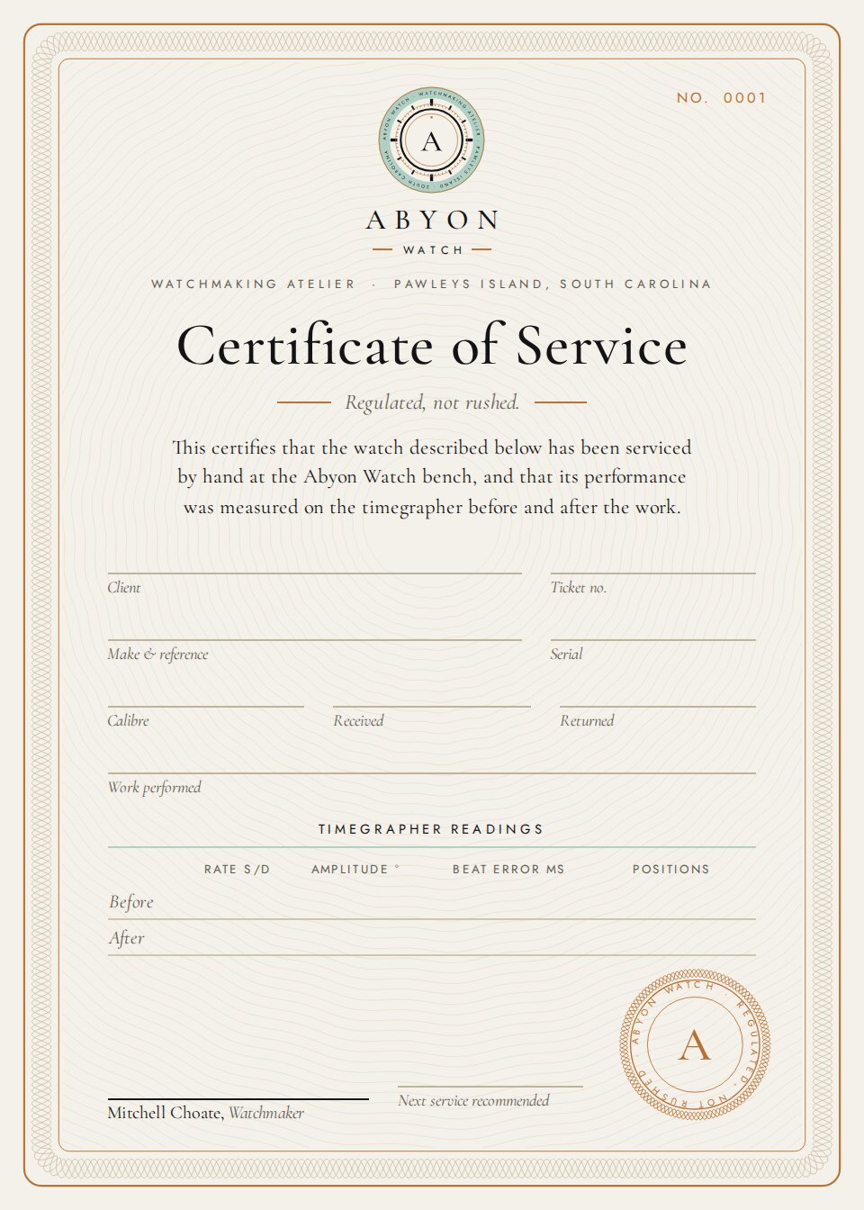 The Abyon Watch Certificate of Service, with an engraved border, timegrapher readings and a copper seal.